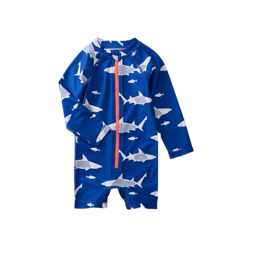 NEW Tea Collection Great White Sharks Blue Swim Rash Guard size 3-6 months